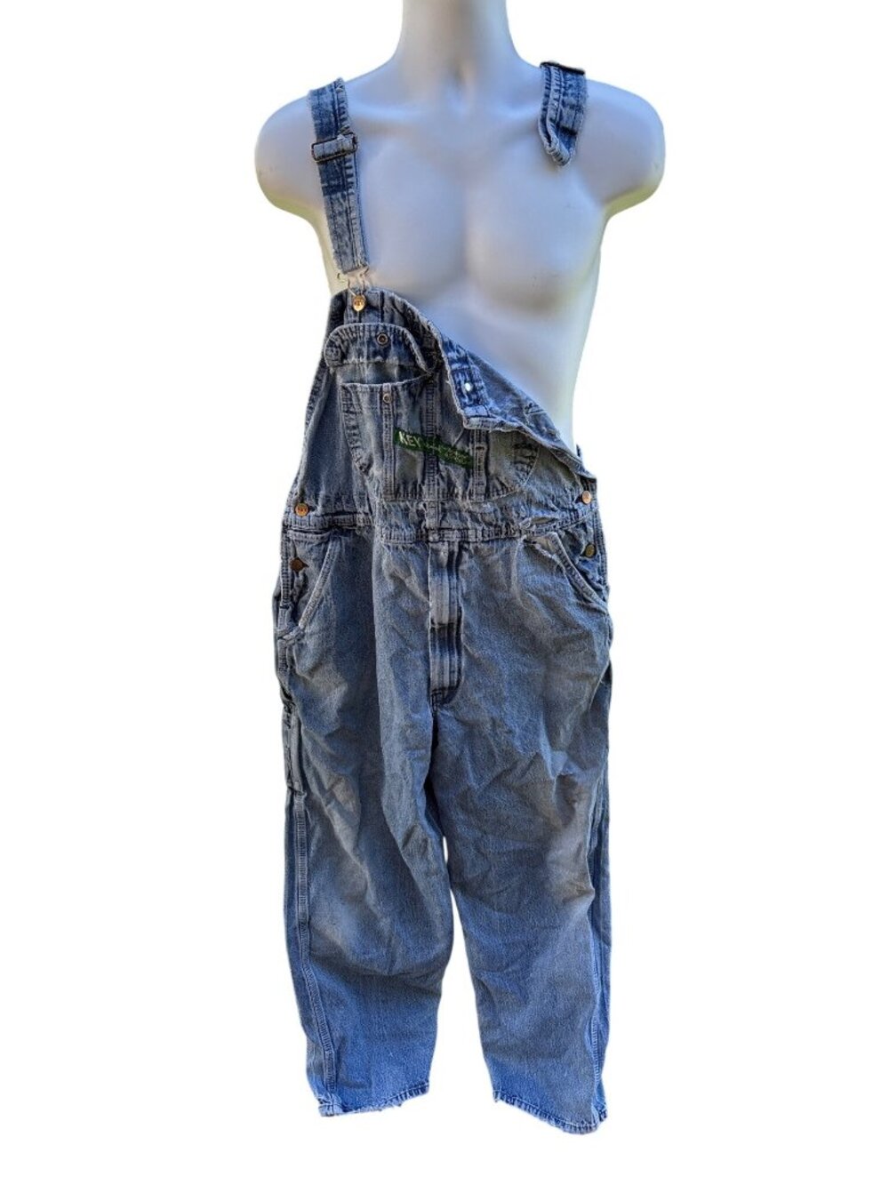 Vintage Key Denim Overalls Mens Size 38 x 30 Distressed Blue Carpenter Workwear